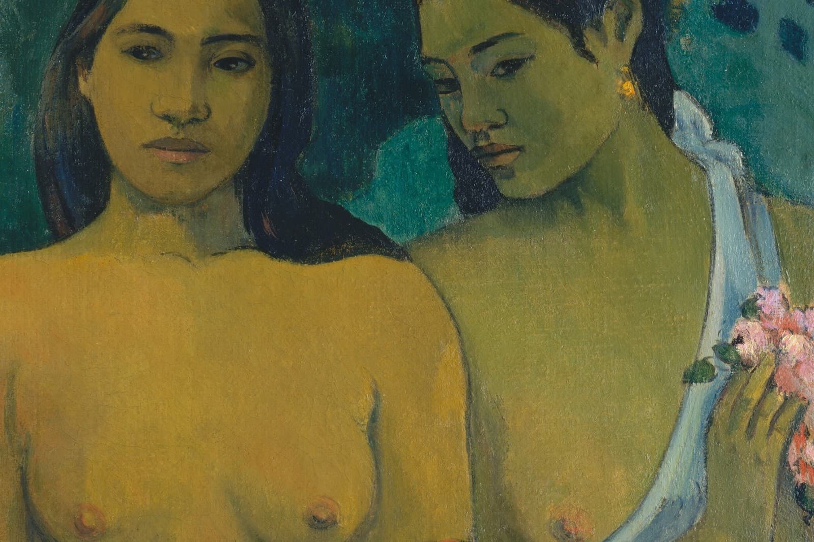 Detail of Two Tahitian Women: the two faces close together against deep green, one frank and level, the other inclined and pensive with a gold earring