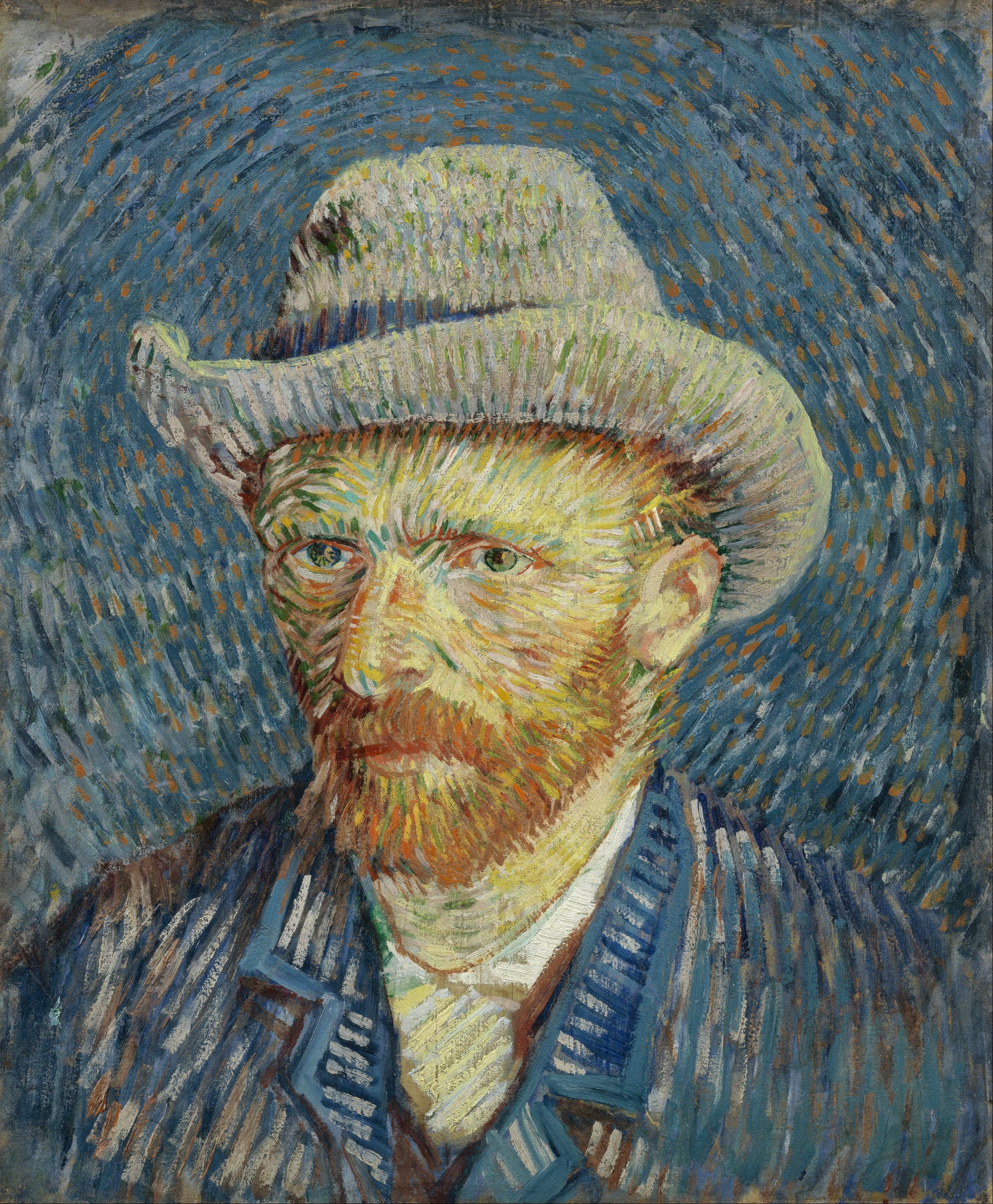 Van Gogh's self-portrait in a grey felt hat, the face and coat built from short strokes of orange, blue and green radiating around the head