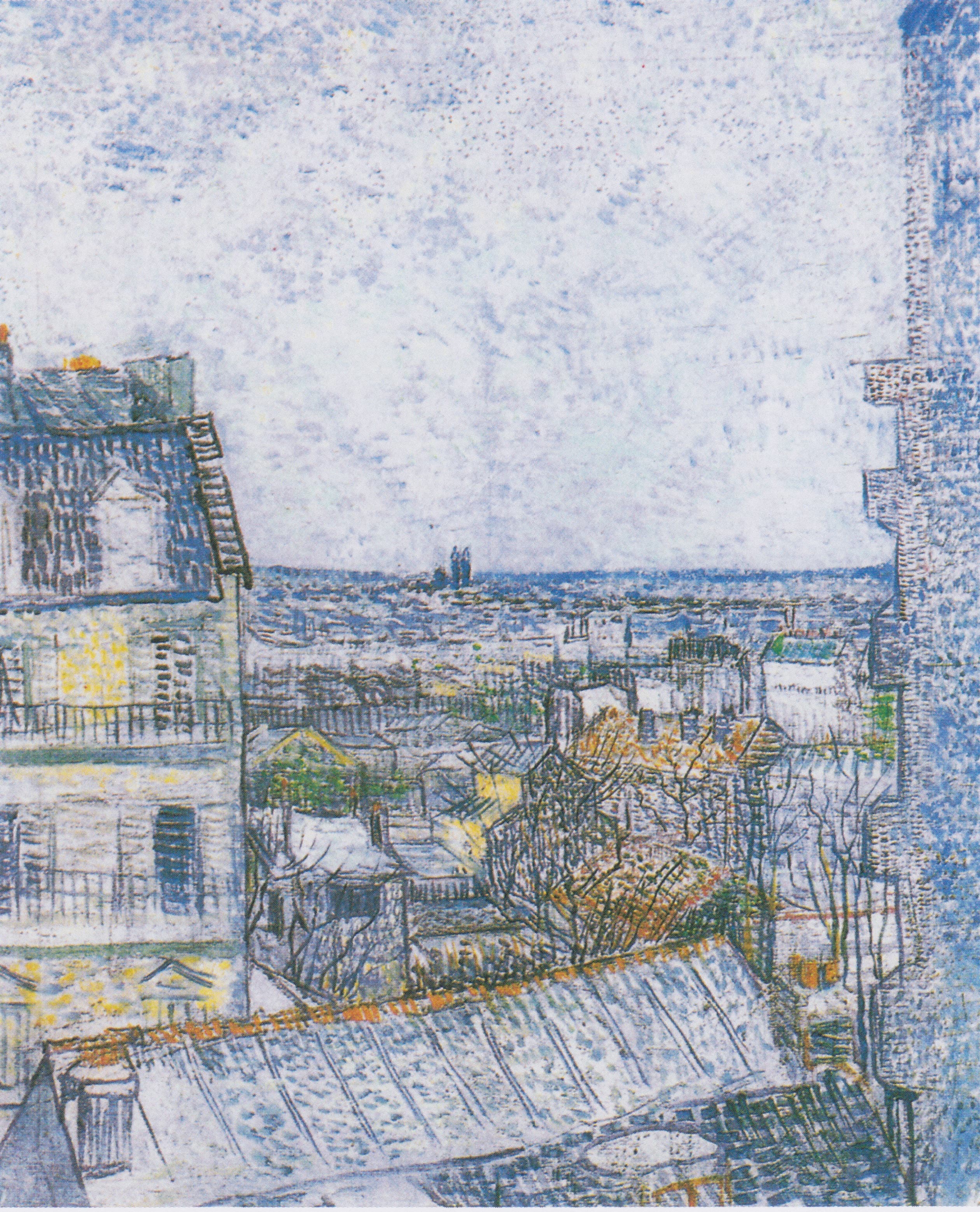 View over Paris rooftops from a high window, chimneys and grey-blue housefronts receding toward the horizon under a pale sky
