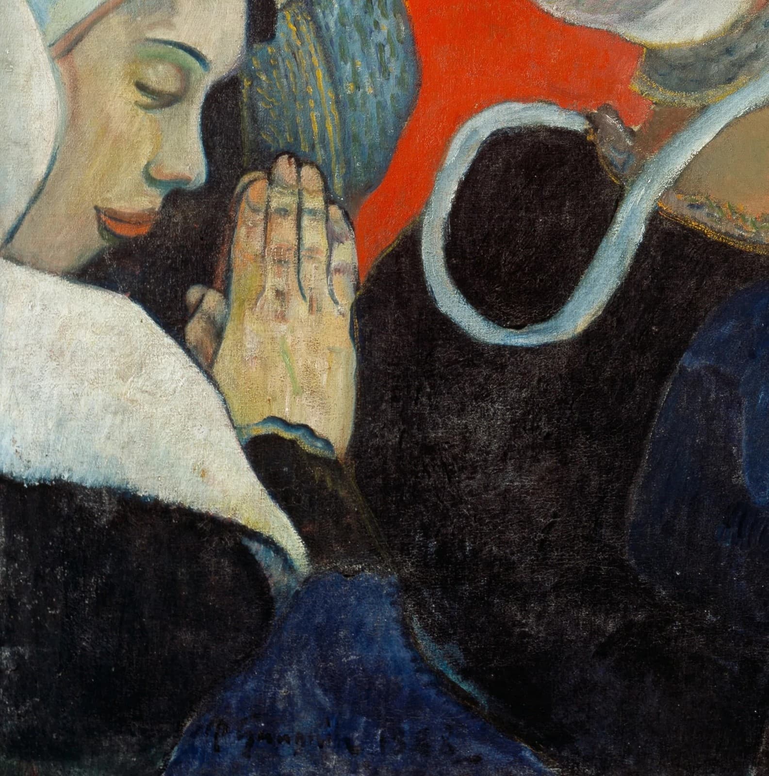 Detail of Vision of the Sermon: a Breton woman in profile with closed eyes, her large hands pressed flat together in prayer, Gauguin's signature below