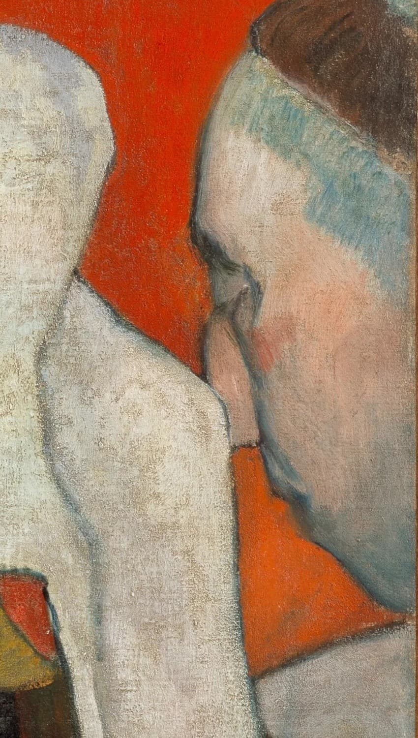 Detail of Vision of the Sermon: the priest's bowed head at the canvas edge, eyes downcast, cheek shaded blue-grey beside a white coif