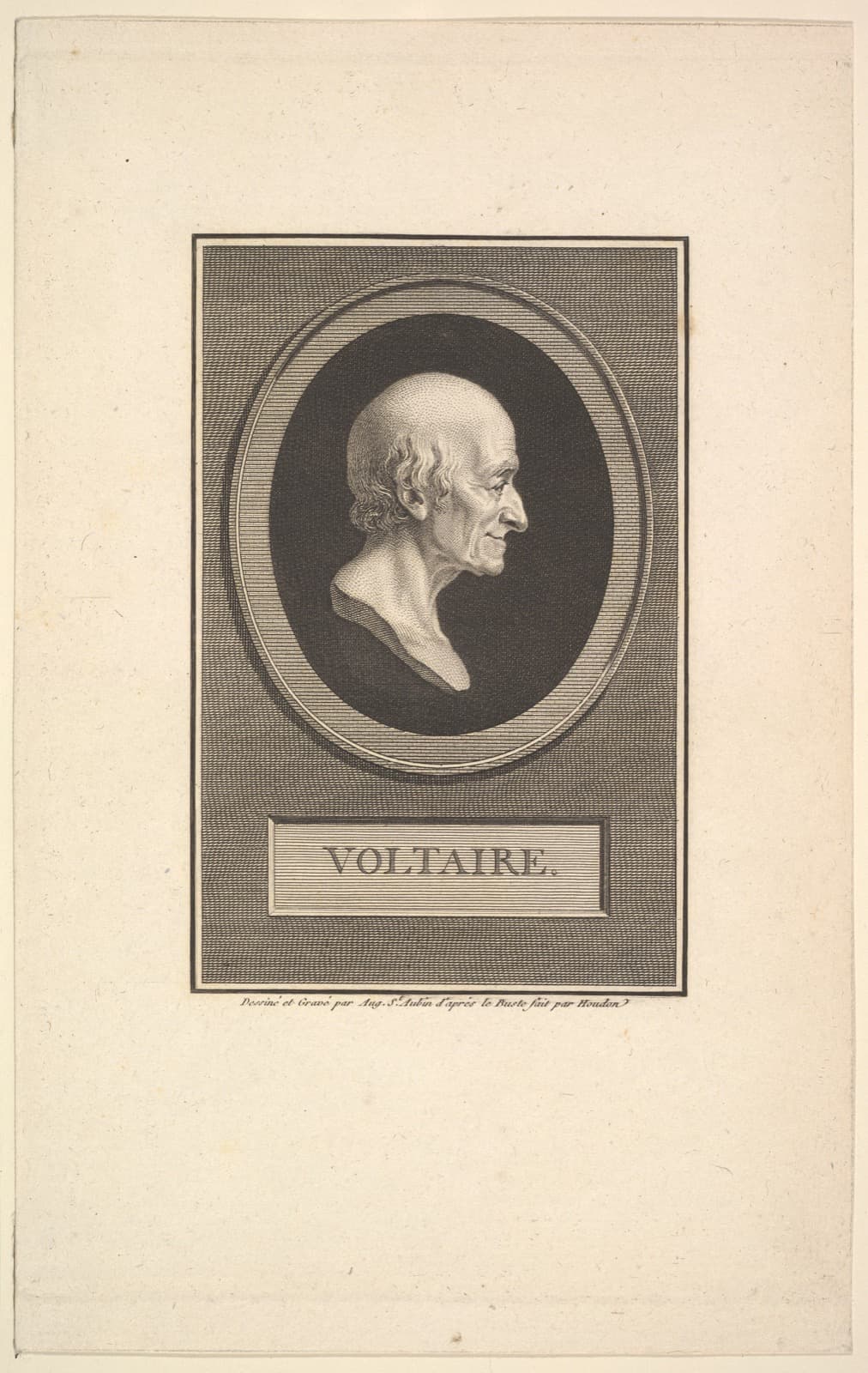 Profile portrait of Voltaire engraved by Augustin de Saint-Aubin after Jean-Antoine Houdon's bust