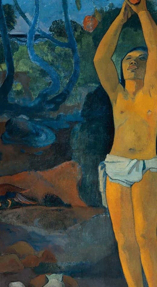 Detail of Where Do We Come From: a figure in a white loincloth at the center of the canvas, arms at full stretch overhead, picking fruit against blue trees