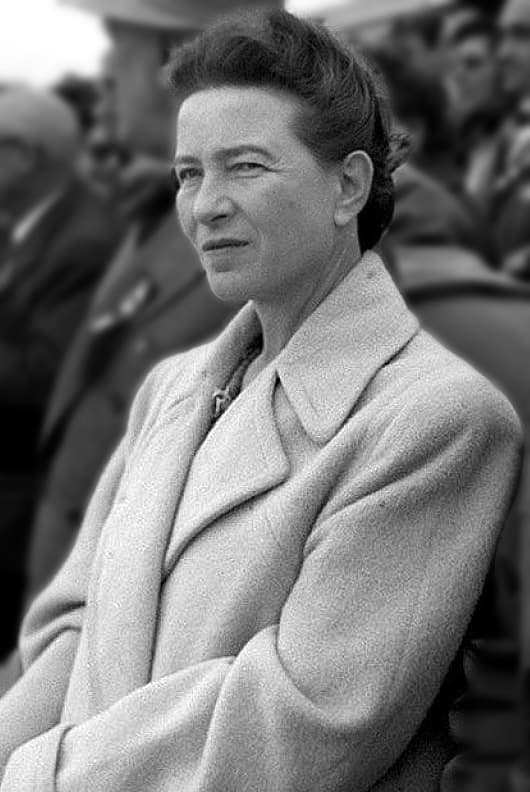 Simone de Beauvoir in Beijing on 1 October 1955, half-length portrait wearing a dark jacket, photographed at Tiananmen Square