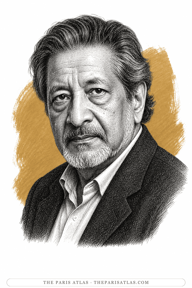 Illustrated portrait of V. S. Naipaul