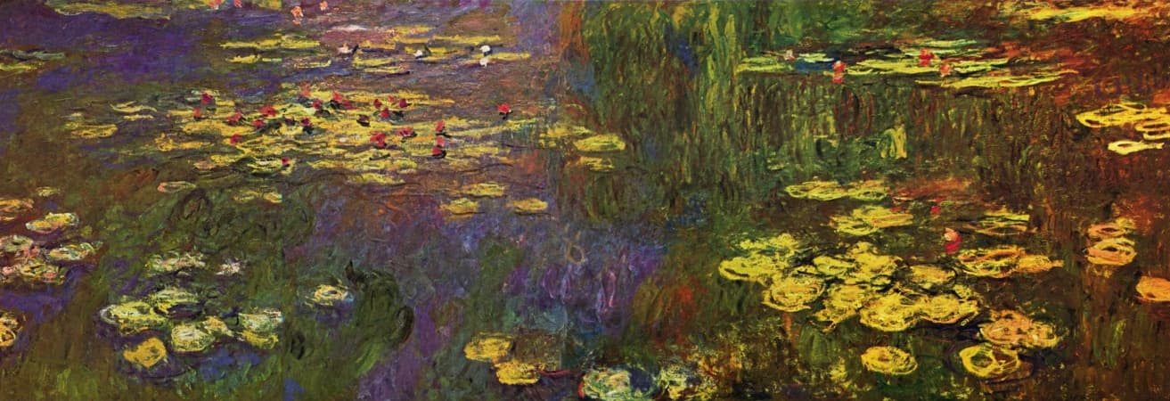 Close view of the left passage of Monet's panoramic Water Lilies, with blue water, floating lily pads, and descending willow reflections