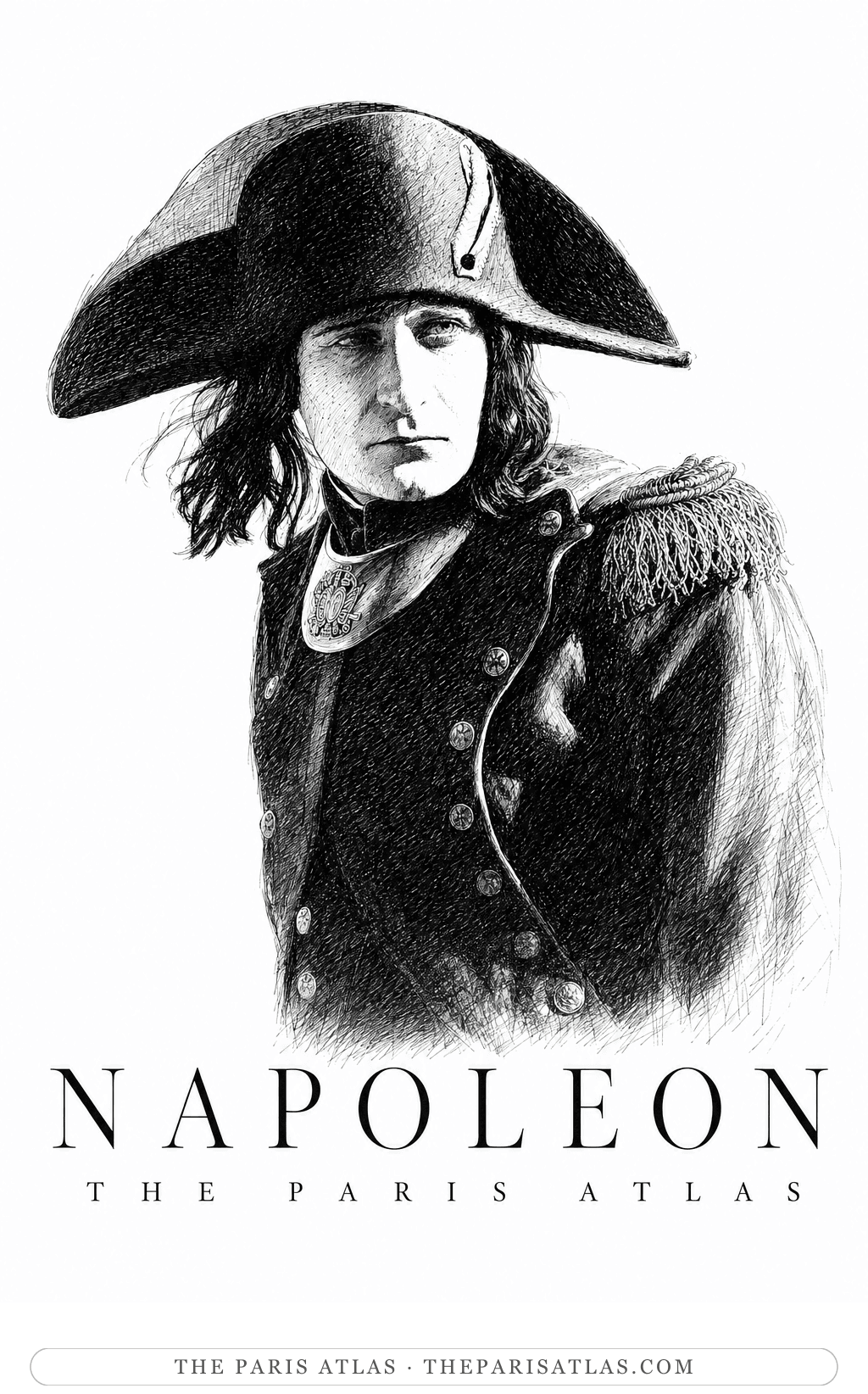 House-illustrated poster for Napoléon (1927): a pen-and-ink portrait of Albert Dieudonné as Bonaparte in bicorne hat and fringed epaulette, above the title Napoleon
