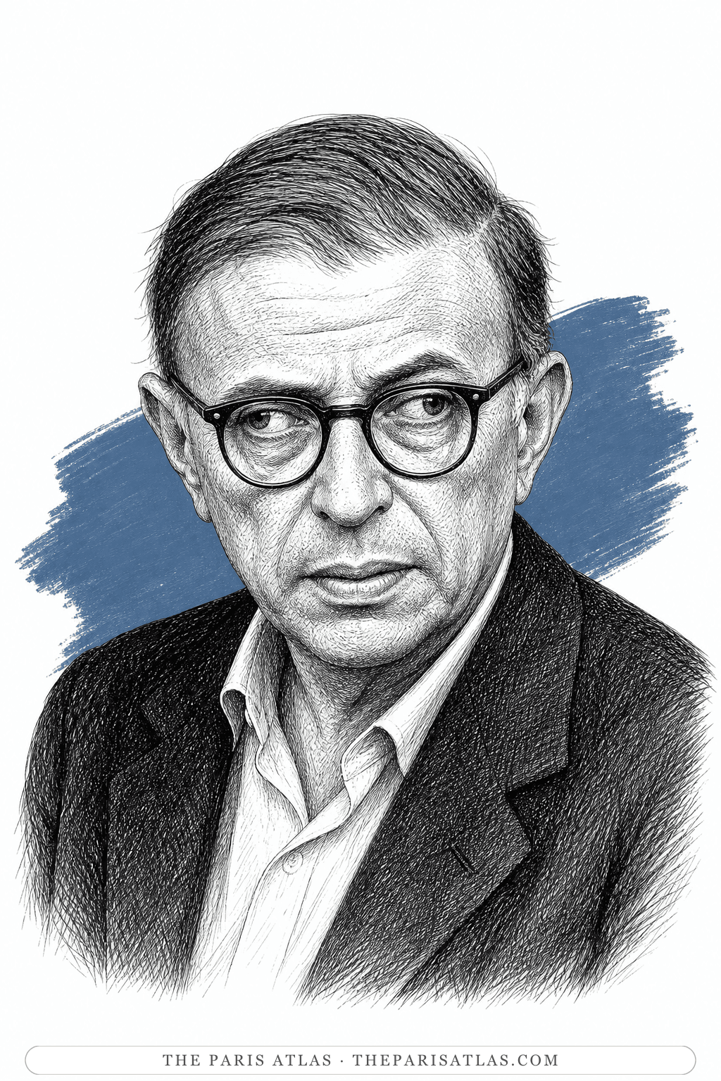 Illustrated portrait of Jean-Paul Sartre