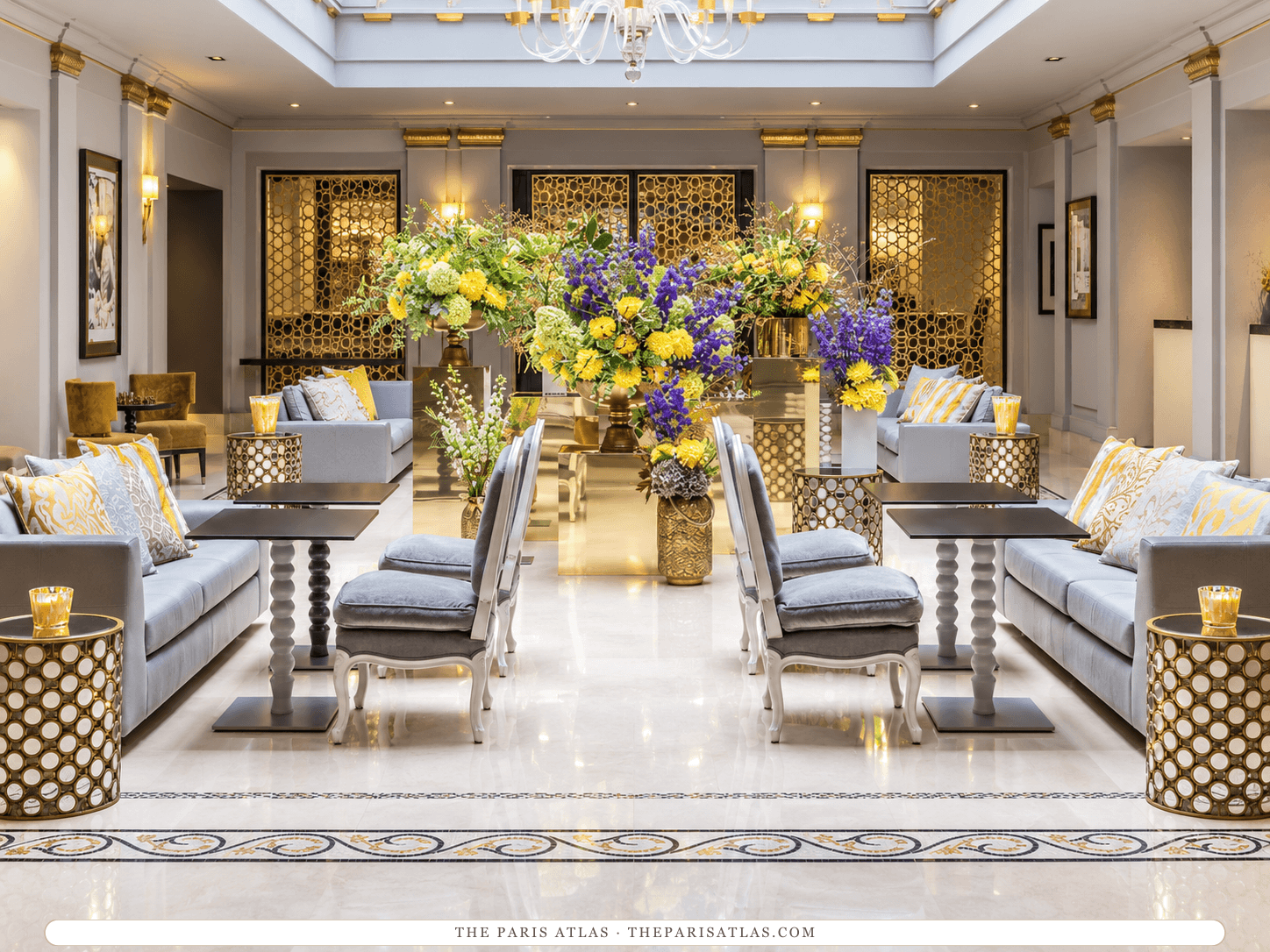 AI-generated illustration of the lobby at Sofitel Paris Le Faubourg: pale gray sofas and armchairs with yellow cushions, low tables, gold lattice screens and a large arrangement of yellow and purple flowers on a polished marble floor.