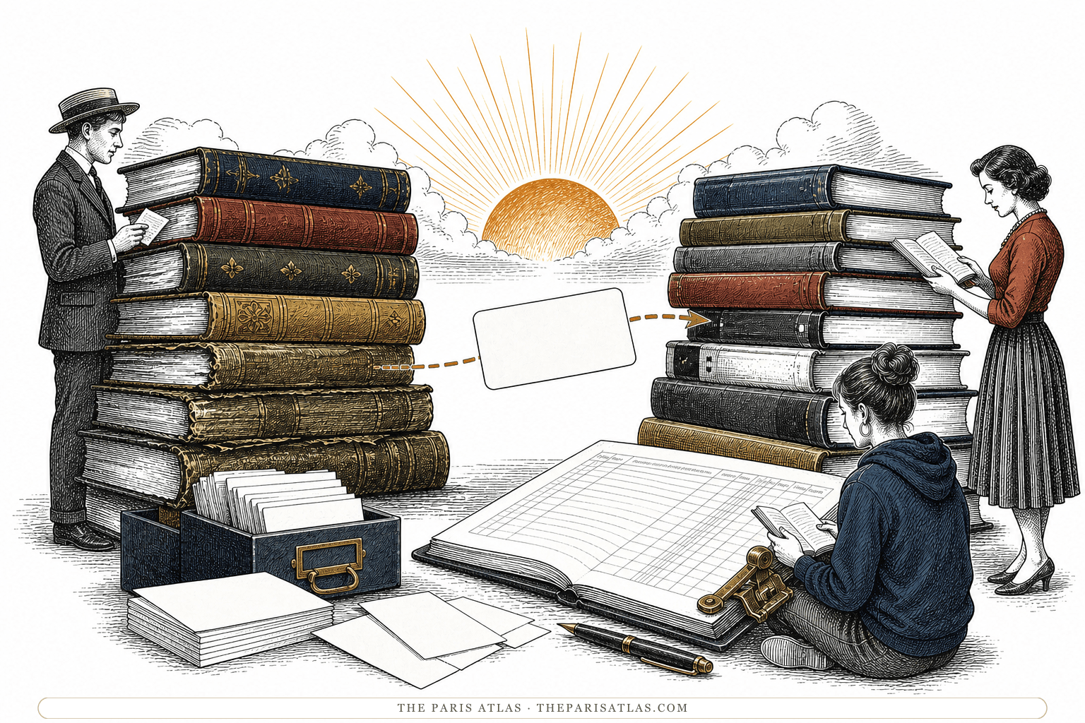 Three readers from different eras study books, blank index cards, and an inventory ledger beneath a rising sun.