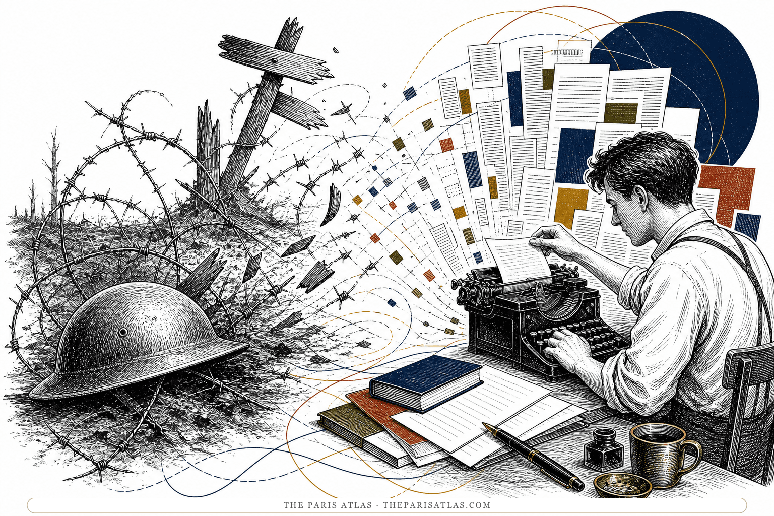 A war helmet and barbed wire dissolve into fragmented pages as a young writer works at a typewriter.