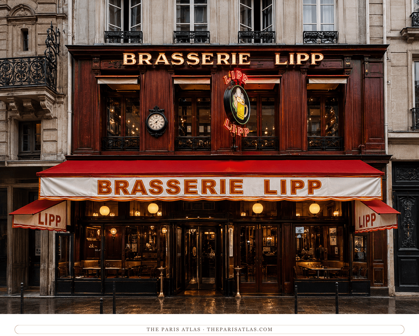 Color illustration of Brasserie Lipp, with its red awning lit at dusk and the neon LIPP sign above the door