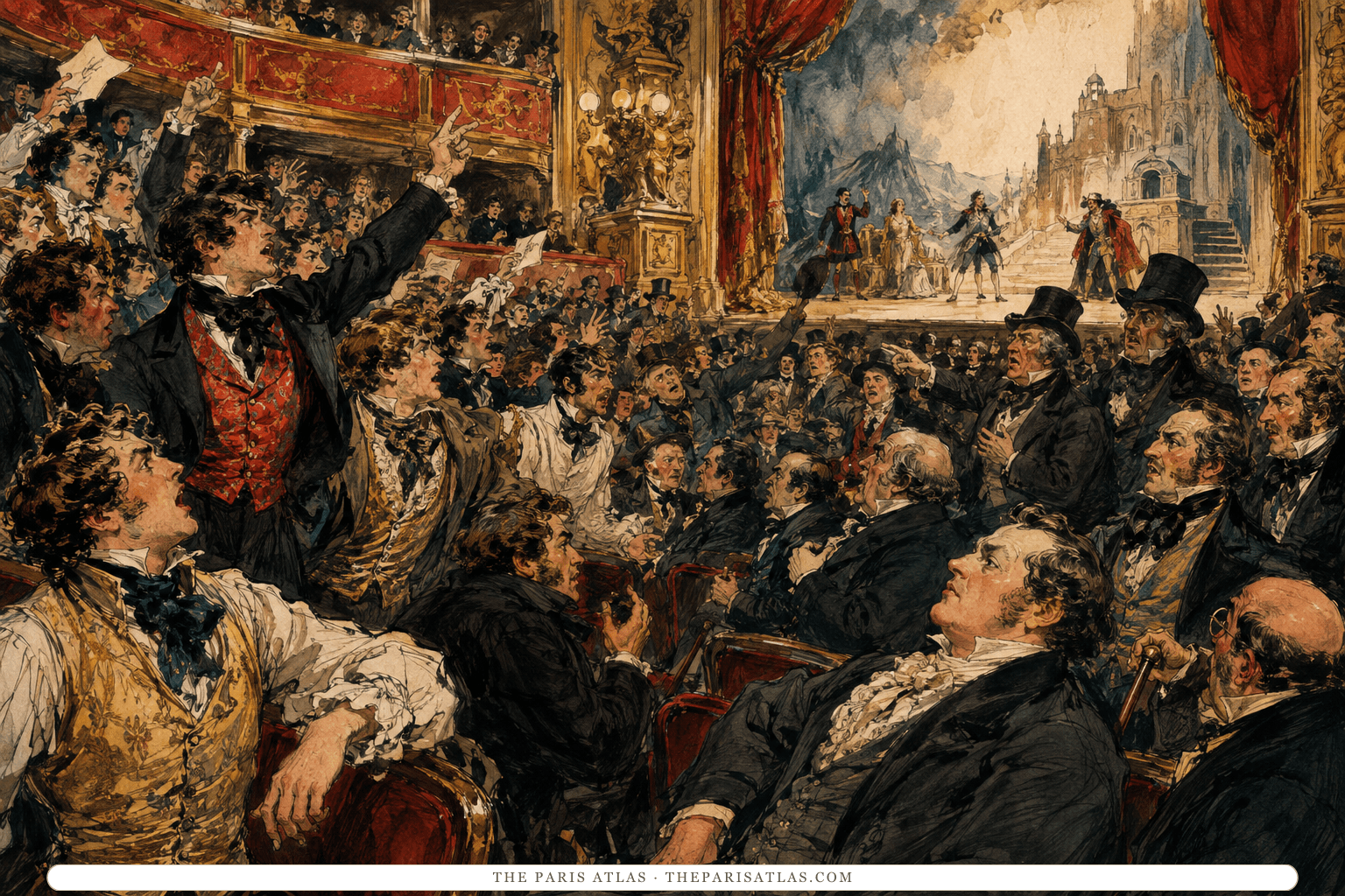 A packed 1830 Paris theatre erupts in applause, hissing, and argument beneath red and gold stage light