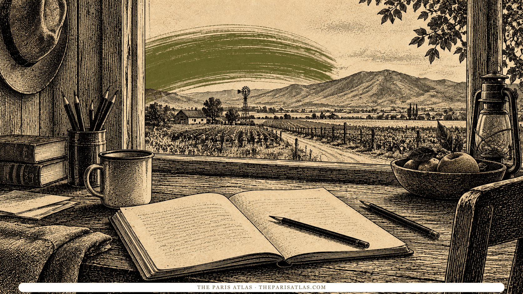 Notebook and pencils beside an illustrated view of California farmland.
