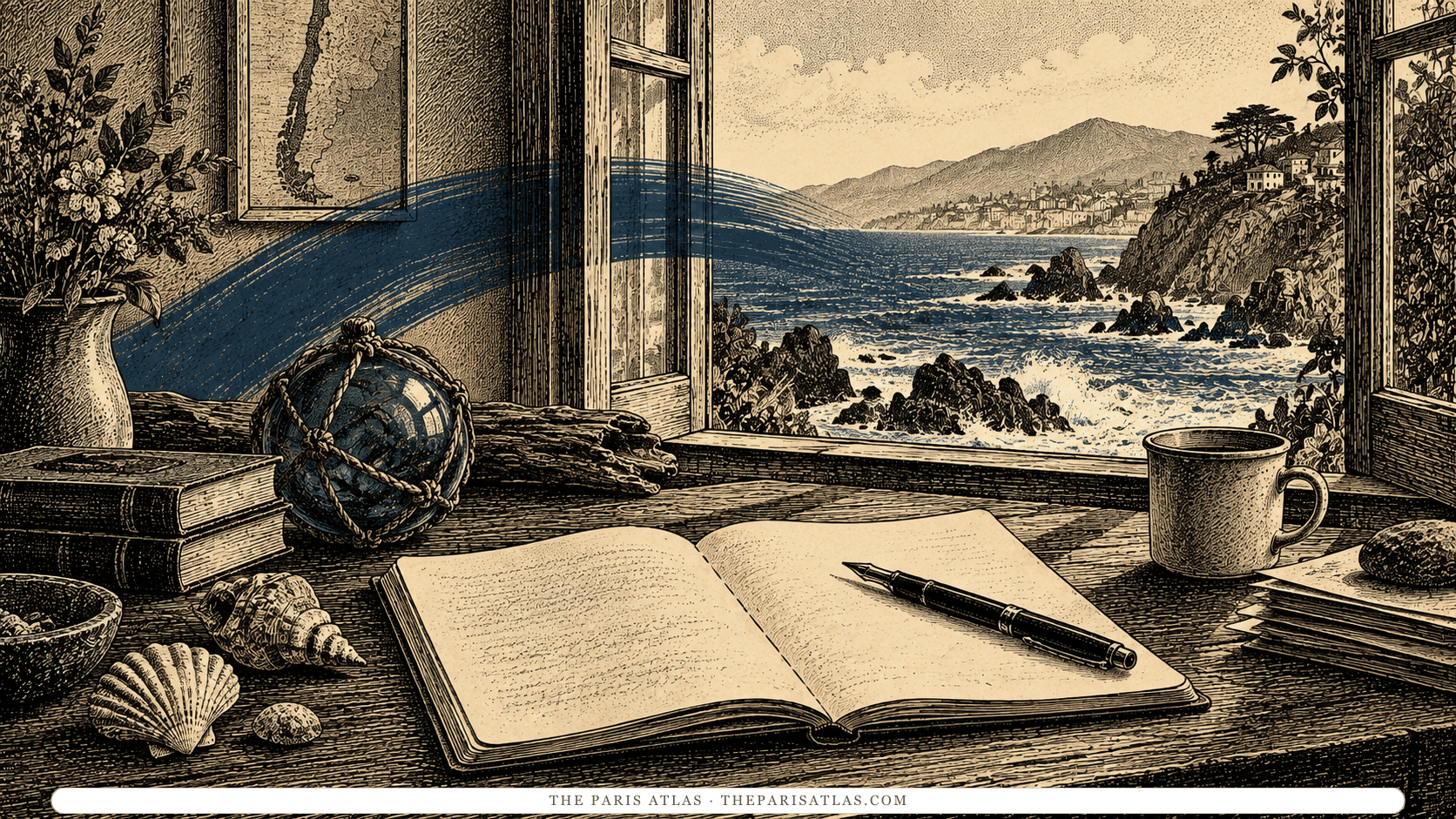 Notebook and seashells beside an illustrated view of the Pacific coast.