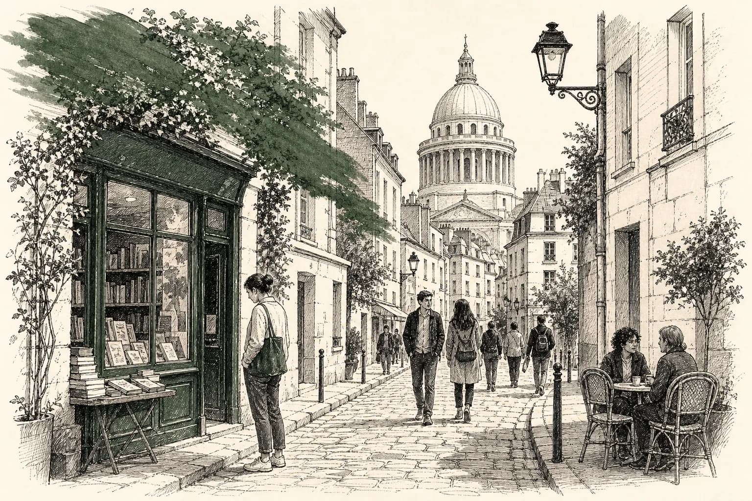 Editorial illustration of a Latin Quarter lane with bookshops and the Panthéon