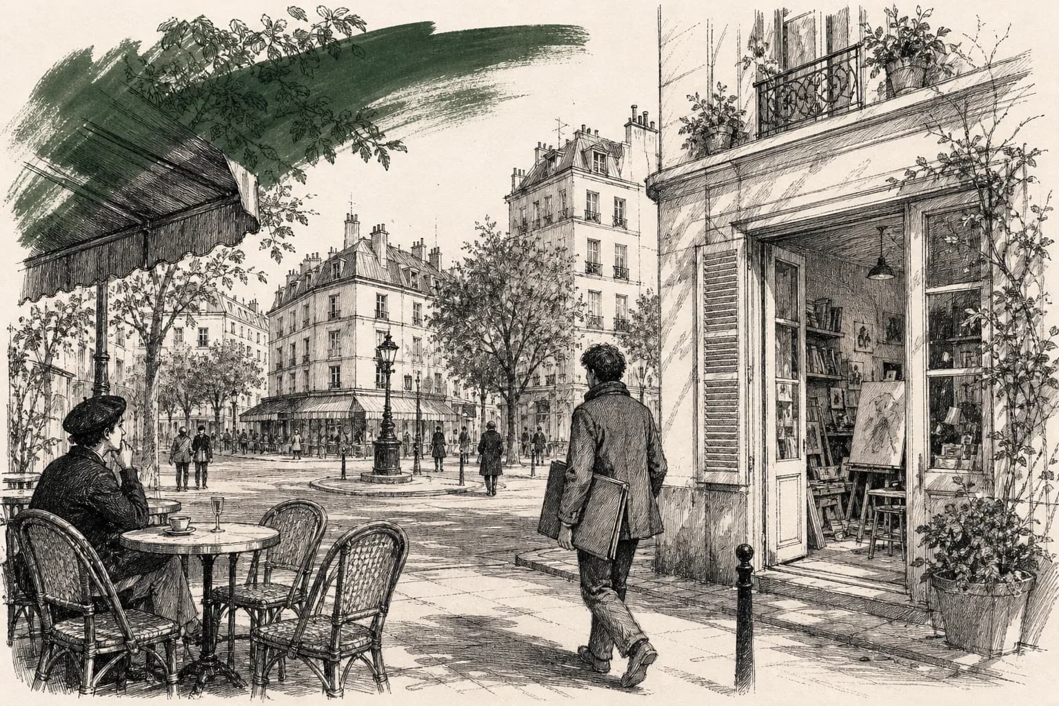 Editorial illustration of a Montparnasse boulevard with a hotel and café terrace