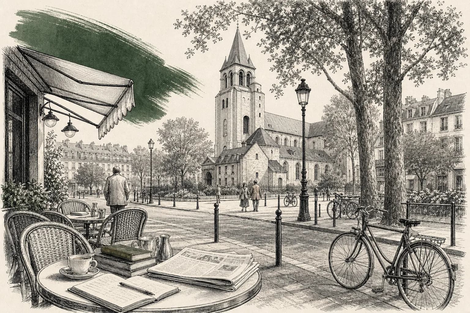 Editorial illustration of a Saint-Germain street with a café terrace and gallery